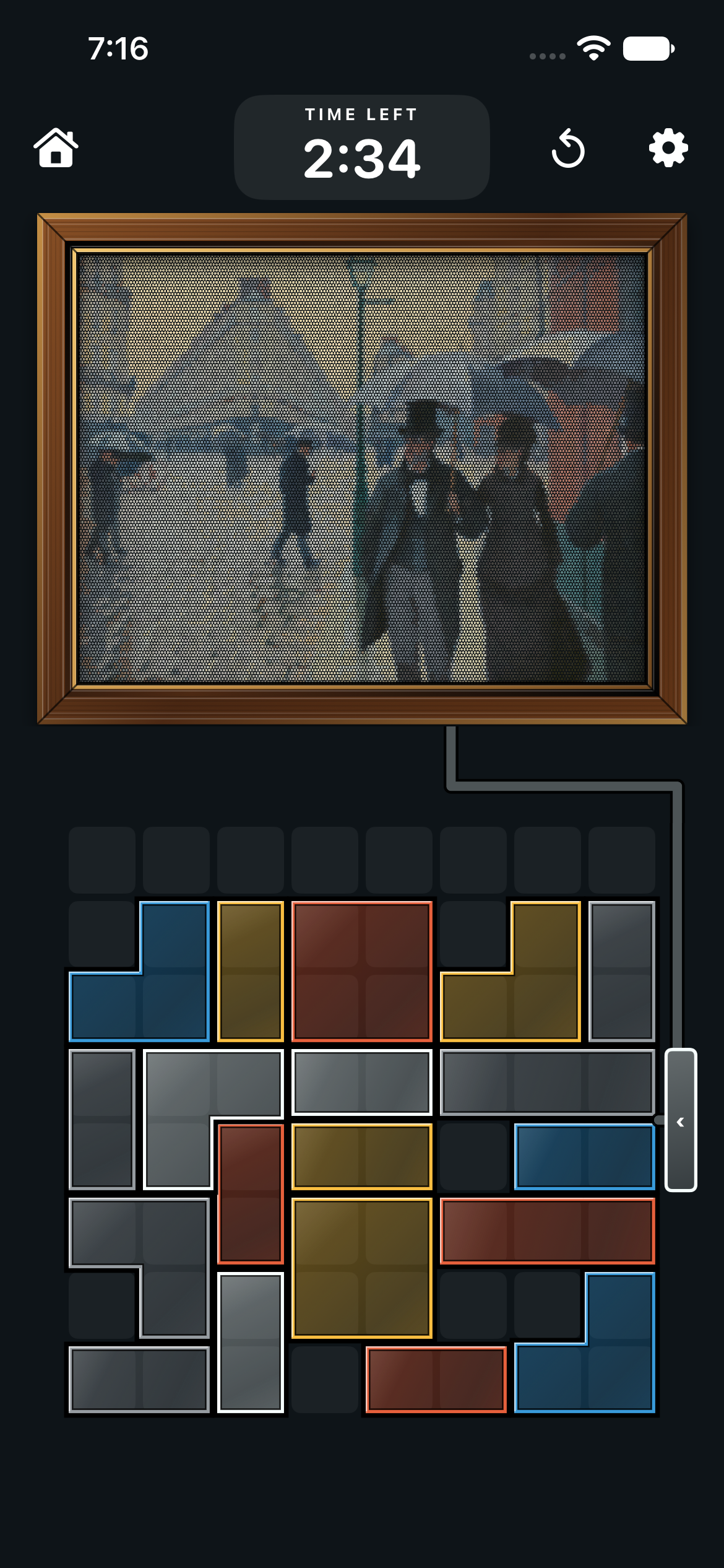Actual Sandcrafted gameplay: a framed painting above coloured glass puzzle pieces